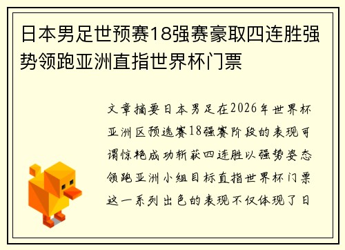 日本男足世预赛18强赛豪取四连胜强势领跑亚洲直指世界杯门票