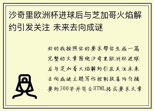 沙奇里欧洲杯进球后与芝加哥火焰解约引发关注 未来去向成谜