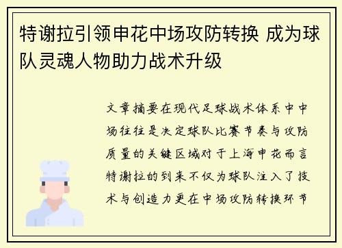 特谢拉引领申花中场攻防转换 成为球队灵魂人物助力战术升级 特谢拉引领申花中场攻防转换 成为球队灵魂人物助力战术升级