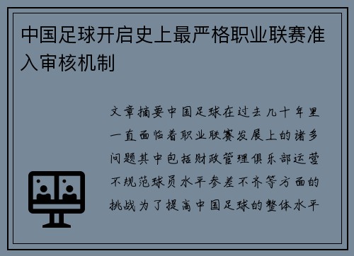 中国足球开启史上最严格职业联赛准入审核机制 中国足球开启史上最严格职业联赛准入审核机制